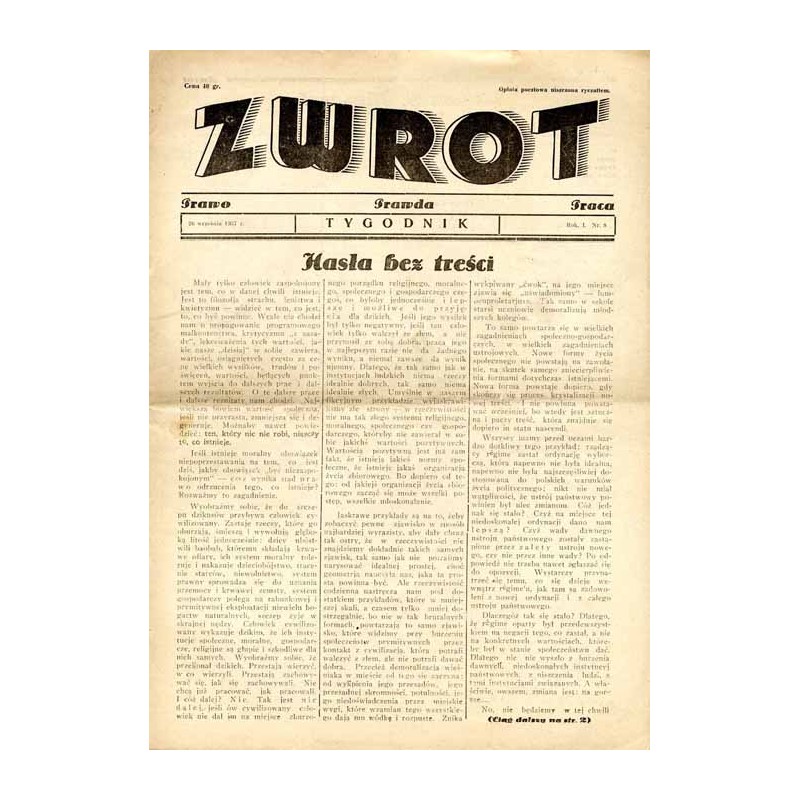Zwrot. Prawo, prawda, praca. Tygodnik. R.1 (1937). Nr 8 (26 września 1937)