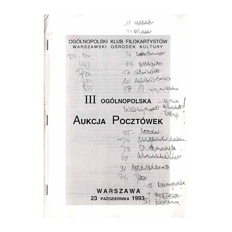 [Ogólnopolski Klub Filokartystów] III Ogólnopolska Aukcja Pocztówek. Warszawa, 23 października 1993