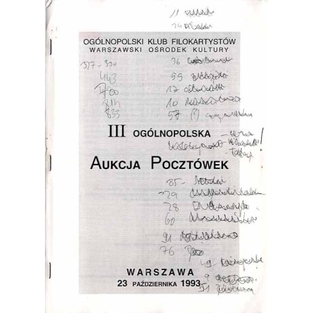 [Ogólnopolski Klub Filokartystów] III Ogólnopolska Aukcja Pocztówek. Warszawa, 23 października 1993