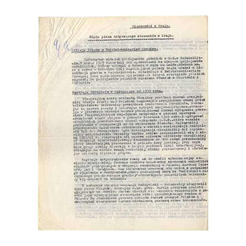 Wiadomości z Kraju. Odpis pisma dotyczącego stosunków w Kraju. 1943