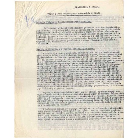 Wiadomości z Kraju. Odpis pisma dotyczącego stosunków w Kraju. 1943