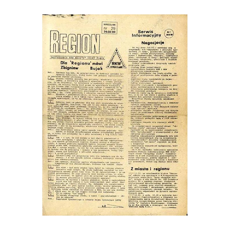 Region. Dwutygodnik RKW NSZZ "Solidarność" Dolny Śląsk. (1989). Nr 29 (26.02.1989)