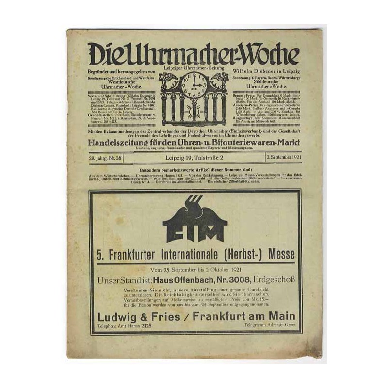 Die Uhrmacher-Woche. Leipziger Uhrmacher-Zeitung. 28. Jahrgang (1921). Nr 36 (3.09.1921)
