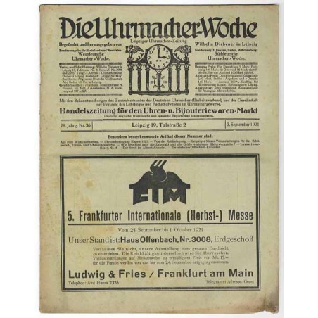 Die Uhrmacher-Woche. Leipziger Uhrmacher-Zeitung. 28. Jahrgang (1921). Nr 36 (3.09.1921)