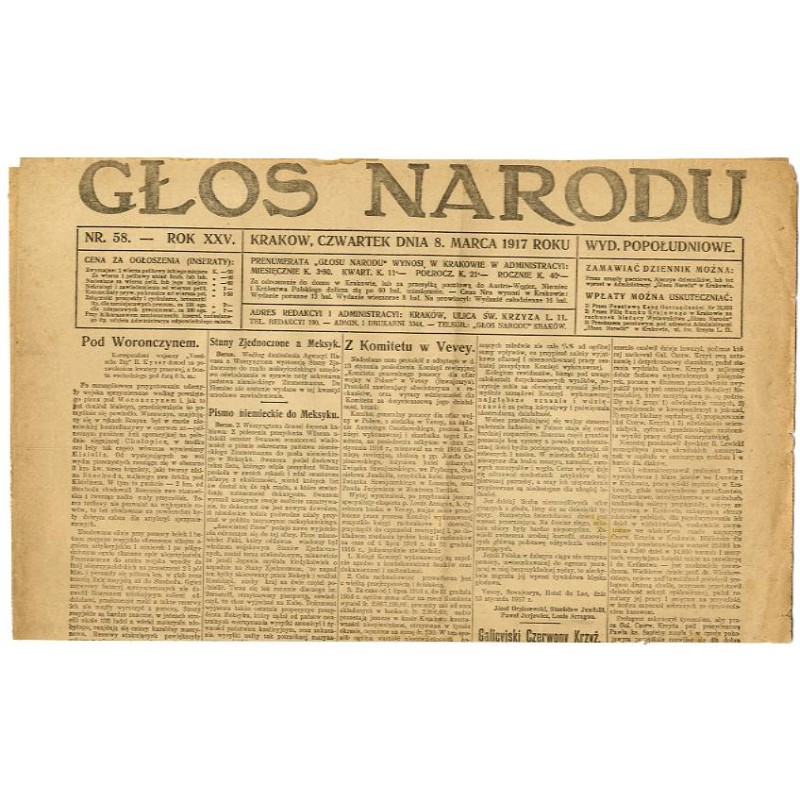 Głos Narodu. R.25 (1917). Nr 58 (8 marca 1917). Wydanie popołudniowe