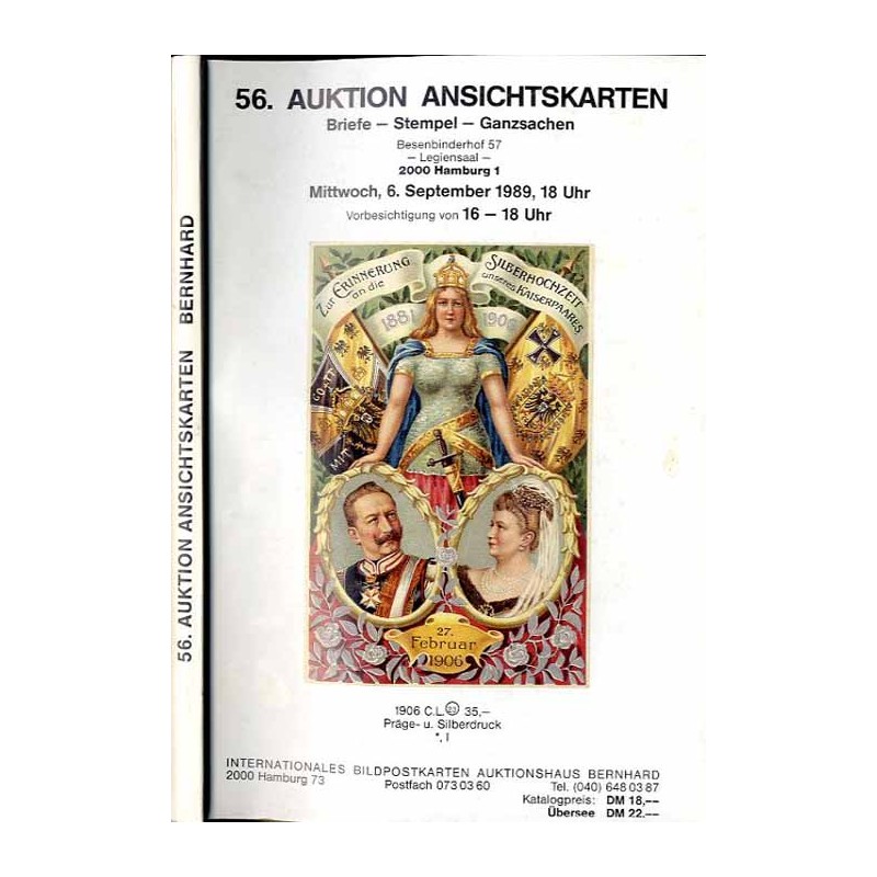 [Martin Bernhard] 56. Auktion Ansichtskarten. Briefe - Stempel - Ganzsachen. Besenbinderhof 57, Legiensaal, 2000 Hamburg 1. Mitt