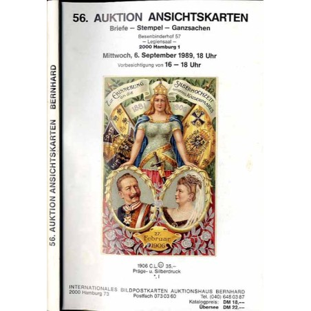 [Martin Bernhard] 56. Auktion Ansichtskarten. Briefe - Stempel - Ganzsachen. Besenbinderhof 57, Legiensaal, 2000 Hamburg 1. Mitt