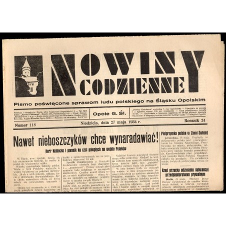 Nowiny Codzienne. Pismo poświęcone sprawom ludu polskiego na Śląsku Opolskim. R.24 (1934). Nr 118 (27 maja 1934)