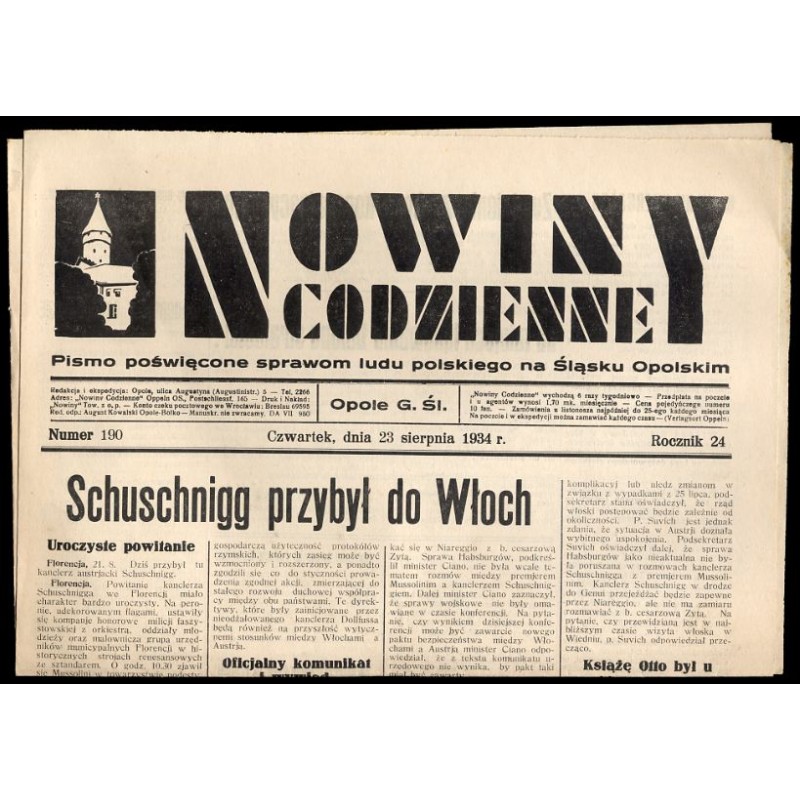 Nowiny Codzienne. Pismo poświęcone sprawom ludu polskiego na Śląsku Opolskim. R.24 (1934). Nr 190 (23 sierpnia 1934)