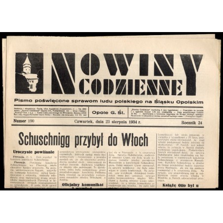 Nowiny Codzienne. Pismo poświęcone sprawom ludu polskiego na Śląsku Opolskim. R.24 (1934). Nr 190 (23 sierpnia 1934)