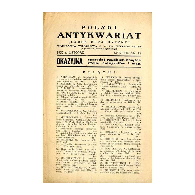Polski Antykwariat "Lamus Heraldyczny", Warszawa, Wierzbowa 6 [...] (1937). Katalog Nr 12 (listopad 1937). Okazyjna sprzedaż rza