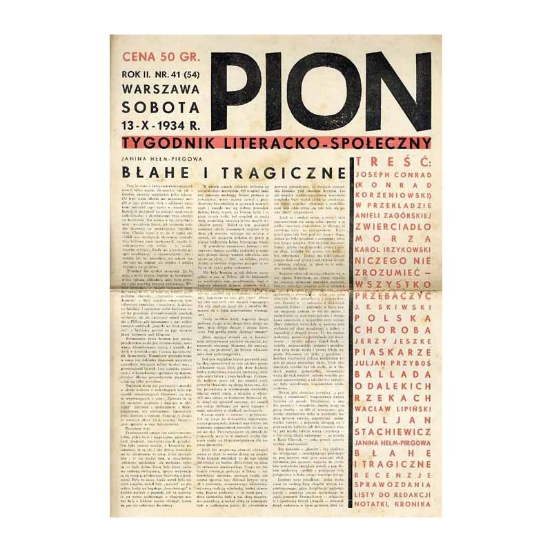 Pion. Tygodnik literacko-społeczny. R.2 (1934). Nr 41 (54) (13 października 1934)