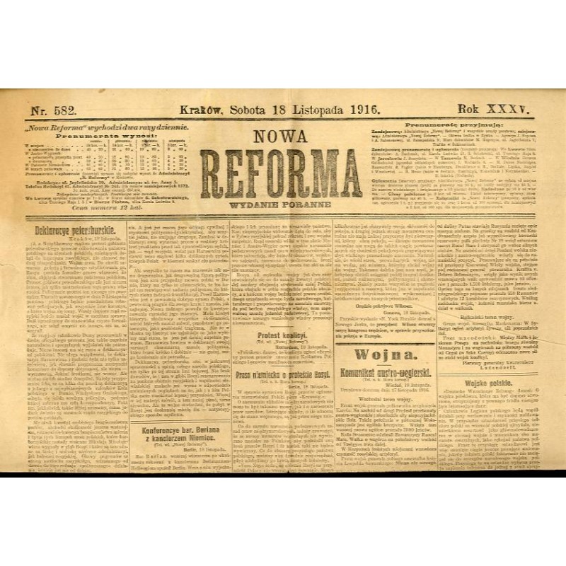 Nowa Reforma. R.35 (1916). Nr 582 (18 listopada 1916). Wydanie poranne
