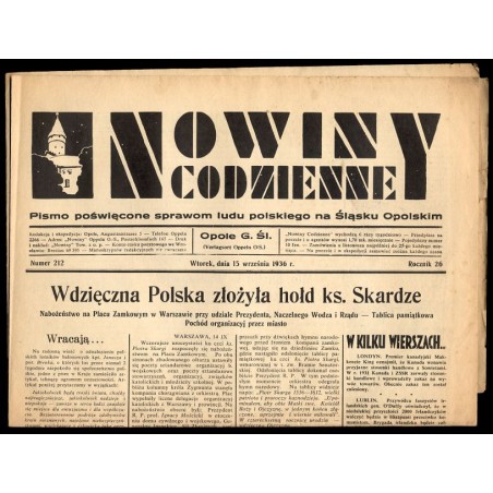 Nowiny Codzienne. Pismo poświęcone sprawom ludu polskiego na Śląsku Opolskim. R.26 (1936). Nr 212 (15 września 1936)