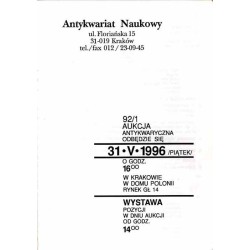 [Katalog aukcyjny Antykwariat Naukowy ul. Floriańska 15] 92/1 Aukcja Antykwaryczna. 31.05.1996