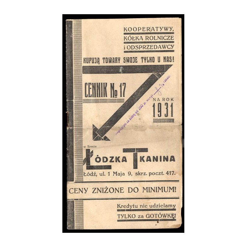 Łódzka Tkanina. Łódź, ul. 1 Maja 9, skrz. poczt. 417. Cennik No 17 na Rok 1931