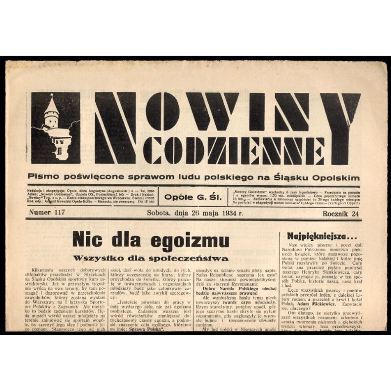 Nowiny Codzienne. Pismo poświęcone sprawom ludu polskiego na Śląsku Opolskim. R.24 (1934). Nr 117 (26 maja 1934)
