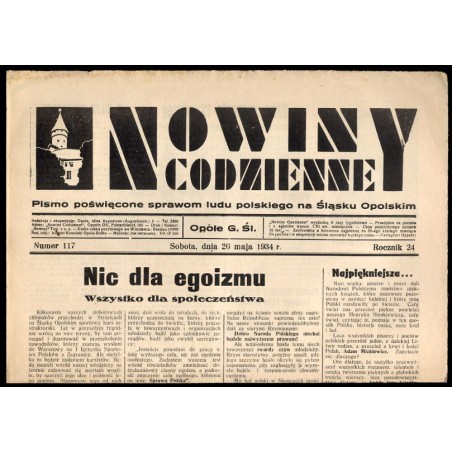 Nowiny Codzienne. Pismo poświęcone sprawom ludu polskiego na Śląsku Opolskim. R.24 (1934). Nr 117 (26 maja 1934)