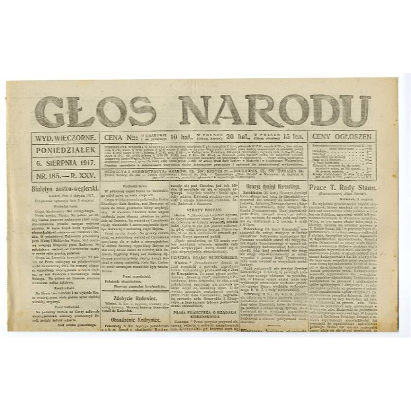 Głos Narodu. R.25 (1917). Nr 185 (6 sierpnia 1917). Wydanie wieczorne