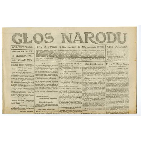 Głos Narodu. R.25 (1917). Nr 185 (6 sierpnia 1917). Wydanie wieczorne