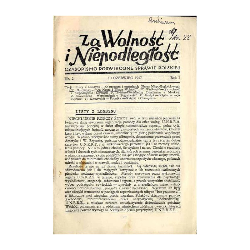 Za Wolność i Niepodległość. Czasopismo poświęcone sprawie polskiej R.1 (1947). Nr 2 (10 Czerwiec 1947)