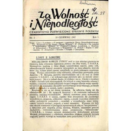 Za Wolność i Niepodległość. Czasopismo poświęcone sprawie polskiej R.1 (1947). Nr 2 (10 Czerwiec 1947)