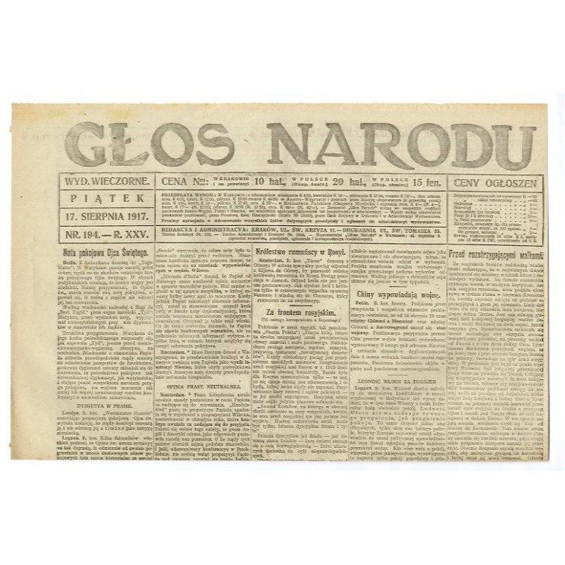 Głos Narodu. R.25 (1917). Nr 194 (17 sierpnia 1917). Wydanie wieczorne