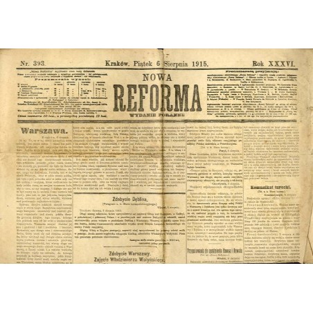 Nowa Reforma. R.34 (1915). Nr 393 (6 sierpnia 1915). Wydanie poranne / Zdobycie Warszawy 5.08.1915