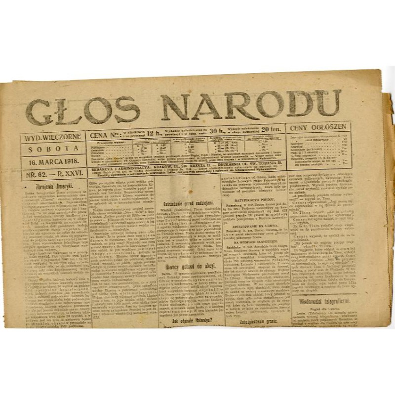 Głos Narodu. R.26 (1918). Nr 62 (16 marca 1918). Wydanie wieczorne