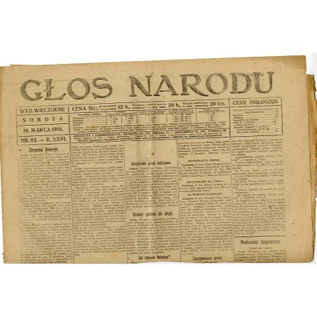 Głos Narodu. R.26 (1918). Nr 62 (16 marca 1918). Wydanie wieczorne