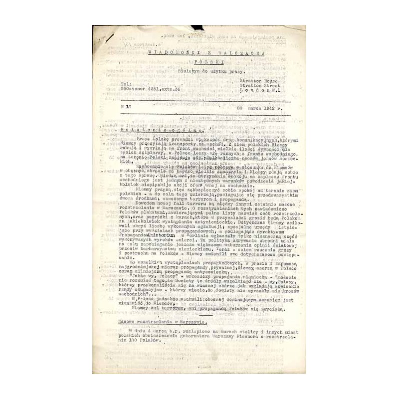 Wiadomości z Walczącej Polski. Biuletyn do użytku prasy. R.2 (1942). Nr 10 (20 marca 1942)