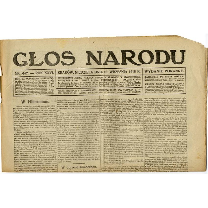 Głos Narodu. R.26 (1916) nr 442 (10 IX 1916). Wydanie poranne