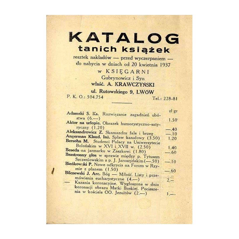 Katalog tanich książek, resztek nakładów - przed wyczerpaniem - do nabycia w dniach od 20 kwietnia 1937 w Księgarni Gubrynowicz
