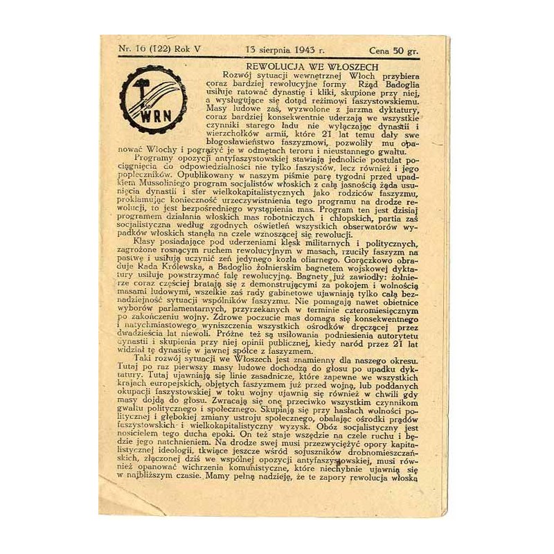 WRN [Wolność Równość Niepodległość]. R. 5 (1943). Nr 16 (122) (13 sierpnia 1943)