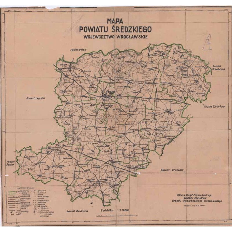 Mapa powiatu średzkiego. Województwo wrocławskie. 1:100.000