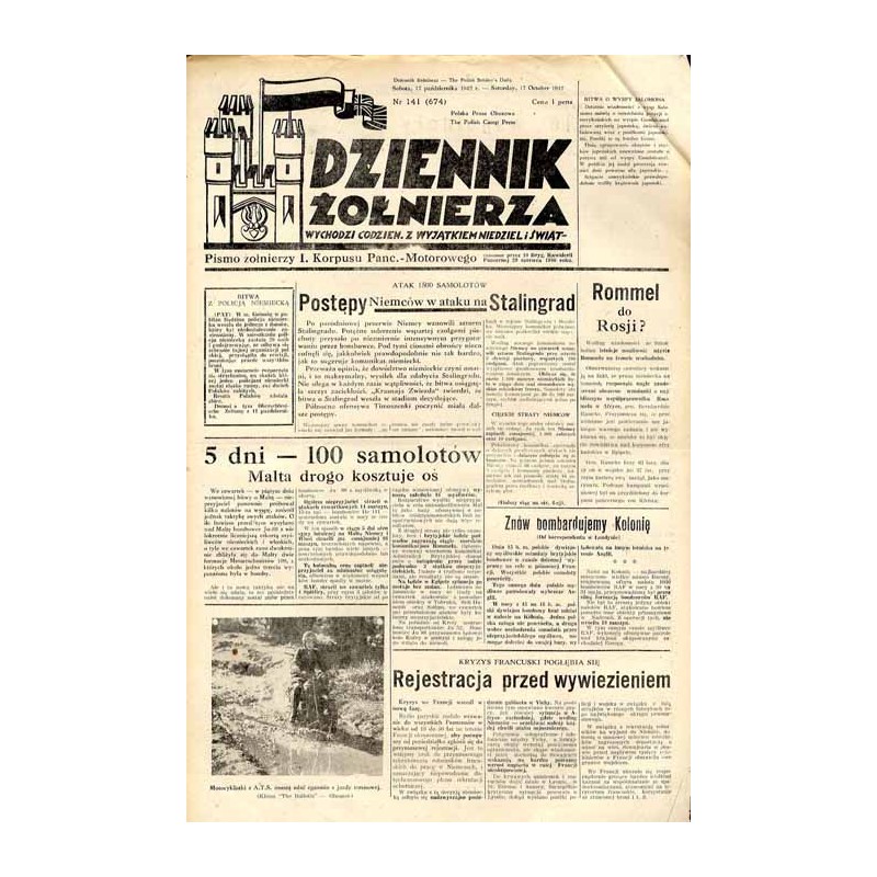 Dziennik Żołnierza. [...] Pismo żołnierzy I. Korpusu Panc.-Motorowego. R.3 (1942). Nr 141 (674) (17 października 1942)