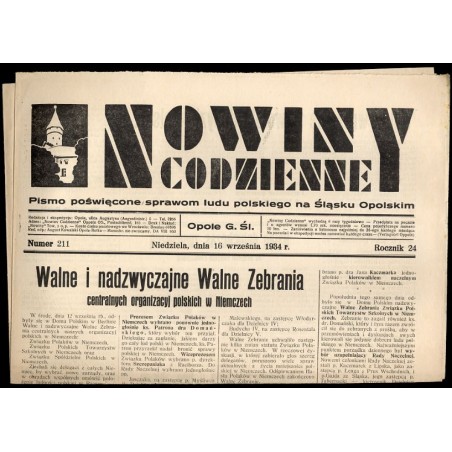 Nowiny Codzienne. Pismo poświęcone sprawom ludu polskiego na Śląsku Opolskim. R.24 (1934). Nr  211 (16 września 1934)