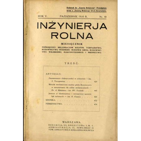 Inżynierja Rolna. Miesięcznik poświęcony meljoracjom rolnym, torfiarstwu, budownictwu wodnemu, budowie dróg, budownictwu wiejski
