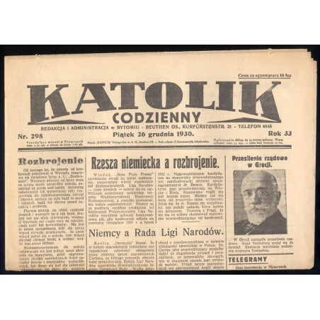 Katolik Codzienny. R.33 (1930). Nr 298 (26 XII 1930)