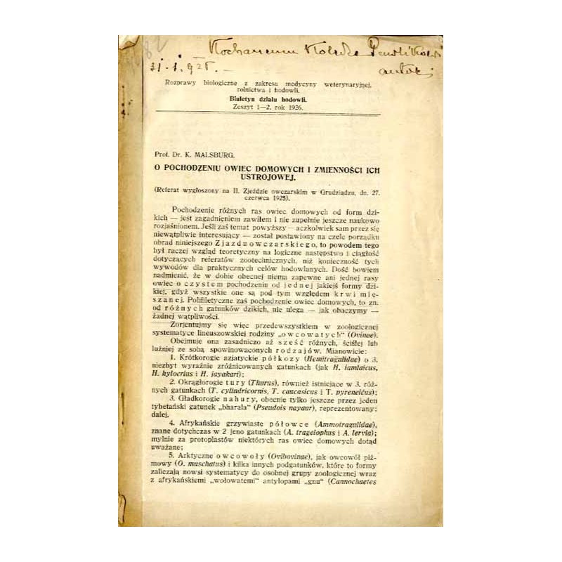 O pochodzeniu owiec domowych i zmienności ich ustrojowej. (Referat wygłoszony na II. Zjeździe owczarskim w Grudziądzu, dn. 27. c