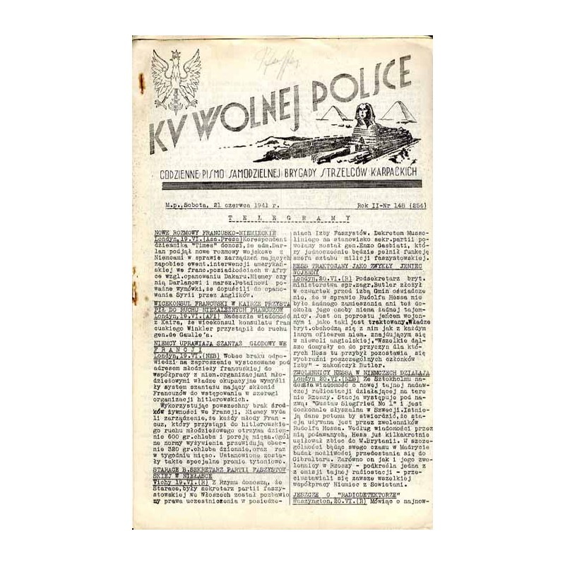 Ku Wolnej Polsce. Codzienne pismo Brygady Strzelców Karpackich. R.2 (1941). Nr 148 (254) (21 czerwca 1941)