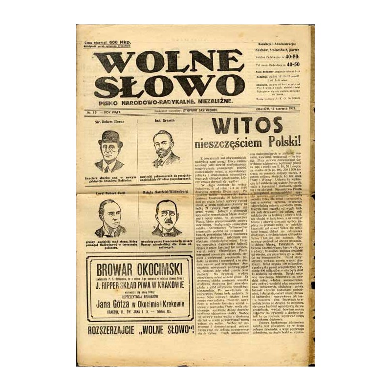 Wolne Słowo. Pismo narodowo-radykalne, niezależne. R.5 (1923). Nr 19 (12 czerwca 1923)