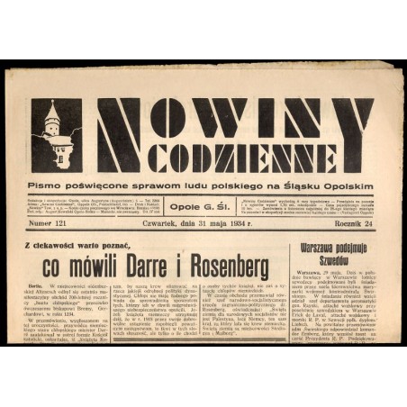 Nowiny Codzienne. Pismo poświęcone sprawom ludu polskiego na Śląsku Opolskim. R.24 (1934). Nr 121 (31 maja 1934)