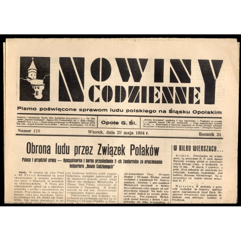 Nowiny Codzienne. Pismo poświęcone sprawom ludu polskiego na Śląsku Opolskim. R.24 (1934). Nr 119 (29 maja 1934)
