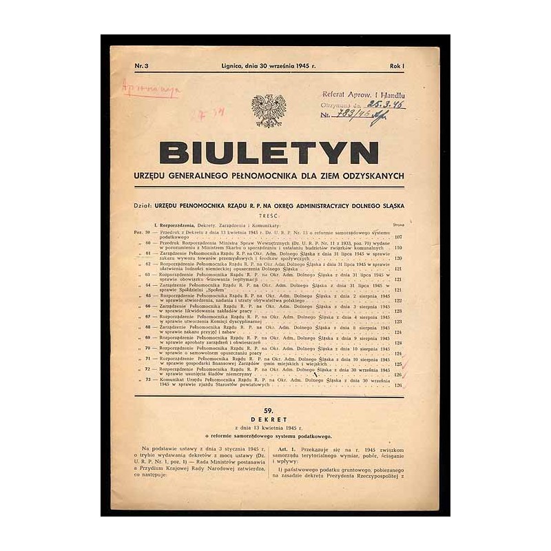 Biuletyn Urzędu Generalnego Pełnomocnika dla Ziem Odzyskanych. Dział Urzędu Pełnomocnika Rządu R.P. na Okręg Administracyjicy [!