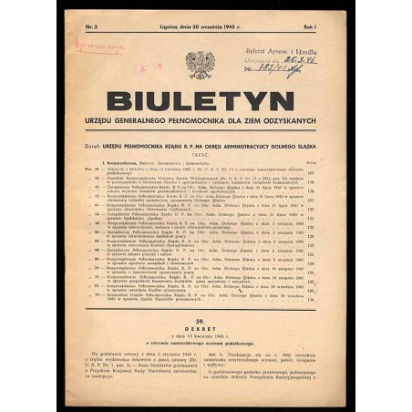 Biuletyn Urzędu Generalnego Pełnomocnika dla Ziem Odzyskanych. Dział Urzędu Pełnomocnika Rządu R.P. na Okręg Administracyjicy [!