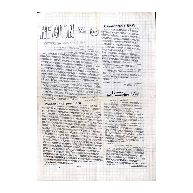 Region. Dwutygodnik RKW NSZZ "Solidarność" Dolny Śląsk. (1988). Nr 22 (6.11.1988)