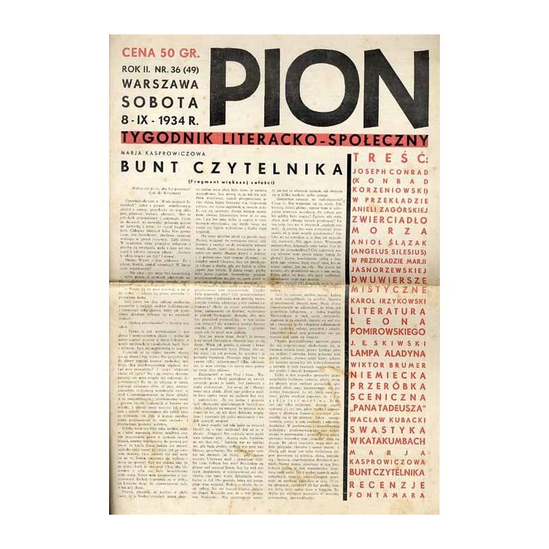 Pion. Tygodnik literacko-społeczny. R.2 (1934). Nr 36 (49) (8 września 1934)