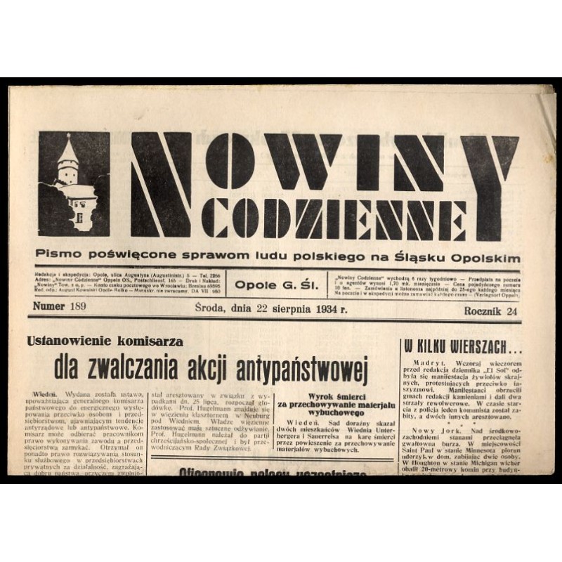 Nowiny Codzienne. Pismo poświęcone sprawom ludu polskiego na Śląsku Opolskim. R.24 (1934). Nr 189 (22 sierpnia 1934)