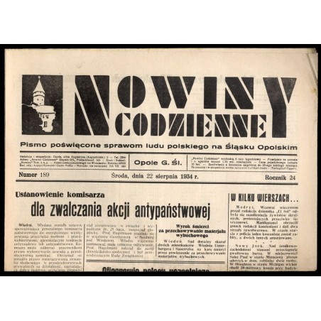 Nowiny Codzienne. Pismo poświęcone sprawom ludu polskiego na Śląsku Opolskim. R.24 (1934). Nr 189 (22 sierpnia 1934)